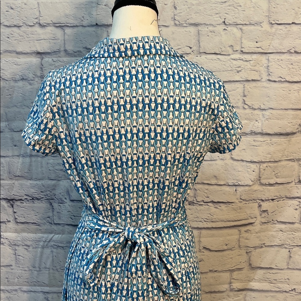 J. McLaughlin Collared Wrap Dress Chain Link Print Short Sleeve Size Medium Blue - Picture 6 of 9